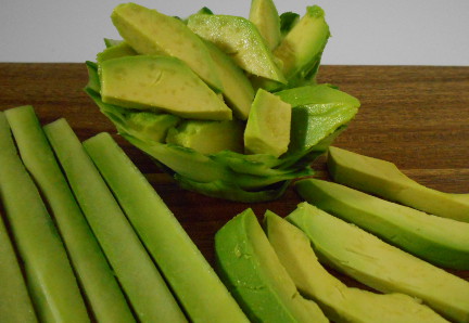 sliced avocado and cuke for uramaki sushi roll