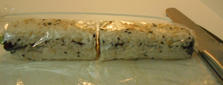 cut the roll in half with knife